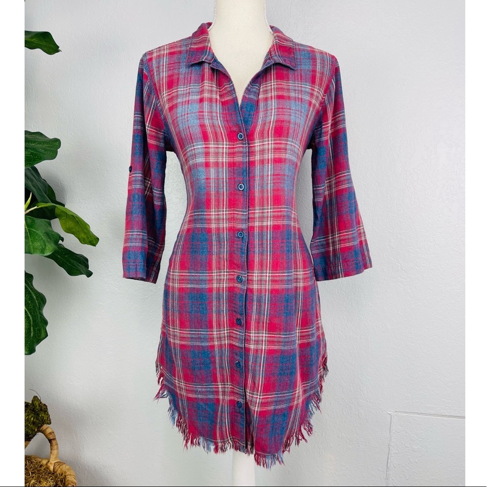 Cloth & Stone Blue Pink Red Plaid Mid Sleeve Raw Hem Button Down Tunic Dress